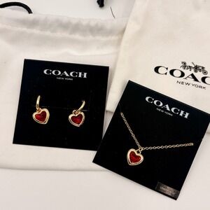 Coach Gold Tone Red Heart Crystal Necklace and Heart Earring Set Mother's Day